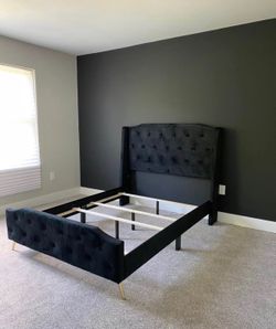 Full Size Black Velvet Tufted Bed Frame w/ Tall Headboard & Gold Legs
