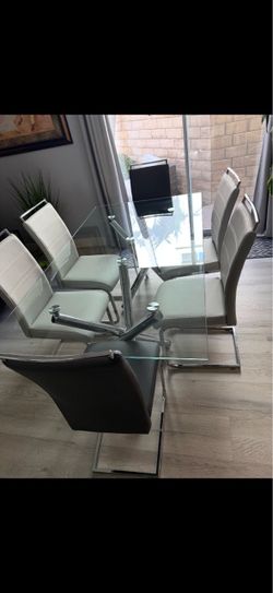 six chair, glass dining table