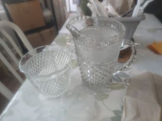 Vintage Clear Crystal Glass Drink Pitcher & Matching Ice Bucket