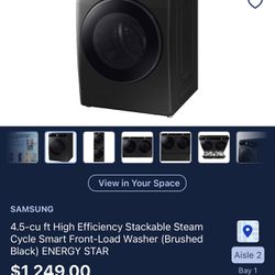 SAMSUNG 4.5-cu ft High Efficiency Stackable Steam Cycle Smart Front-Load Washer (Brushed Black) ENERGY STAR