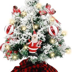 Sunnyglade Mini Christmas Tree, 24 Inch/2 FT Lighted Tabletop Artificial Xmas Tree with Music Box, Reindeer Tag and Decor Ball, DIY Small Tree with LE