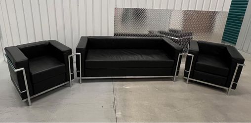 Black Leather Sofa Set with Chrome Frame