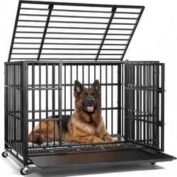 41 inch Heavy Duty Indestructible Dog Crate, Escape-Proof Dog Crate Cage Kennel with 4 Lockable Wheels, High Anxiety Dog Crate with Double Door and Re