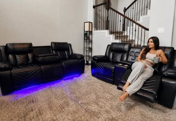 🆕 Reclining Sofa Couch & Loveseat Set | Black Leather Gel