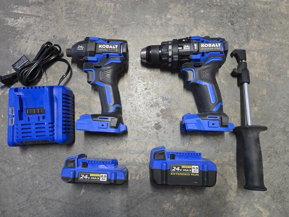 Kobalt 24V XTR 1/2" Brushless Hammer Drill 1/4" Impact Driver Batteries Charger