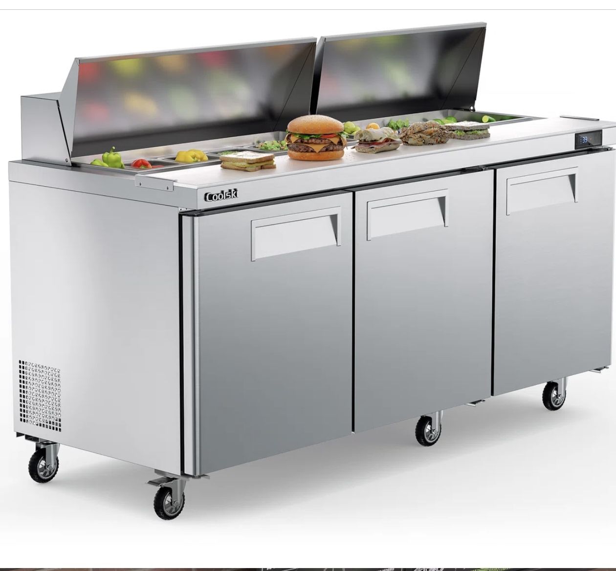 Coolski 72" W Commercial Refrigerator 3 Door Salad/ pizza/sandwich Prep Table With 18 Pans 22 Cu.ft. Capacity
