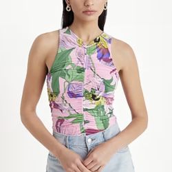 Express Body Contour Compression Floral High Neck Ruched Bodysuit Size L 