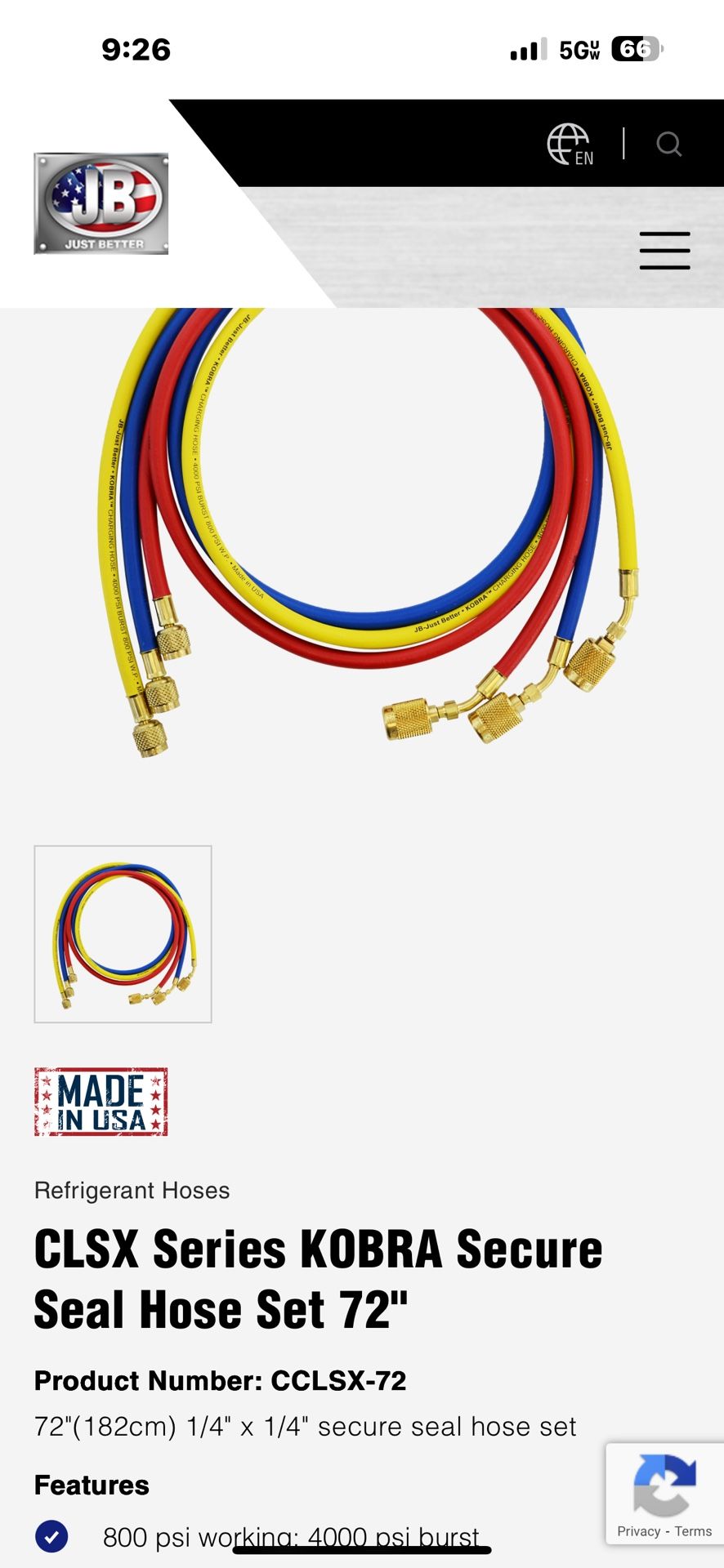 Kobra High Pressure Hose 72”