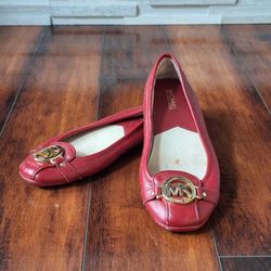 Michael Kors Fulton Red Leather Gold Logo Charm Flats Moccasins Women 9