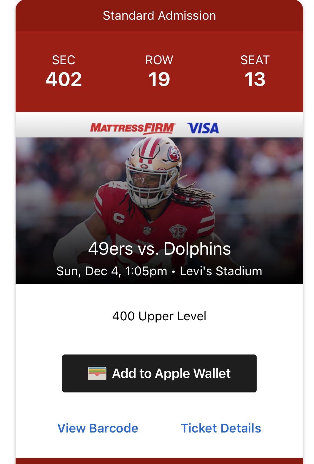 San Francisco 49ers vs  Miami Dolphins Game Tix