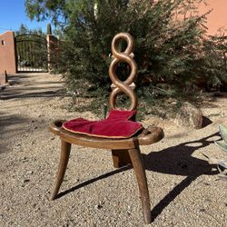 Mid Century English Birthing Chair Antique Vintage Wood Trefoil Design Cushion Sonseca Spain