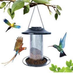 Hanging Bird Feeder with Round Shaped Roof, Solar Powered lights and Waterproof for Outside Garden Yard Decoration