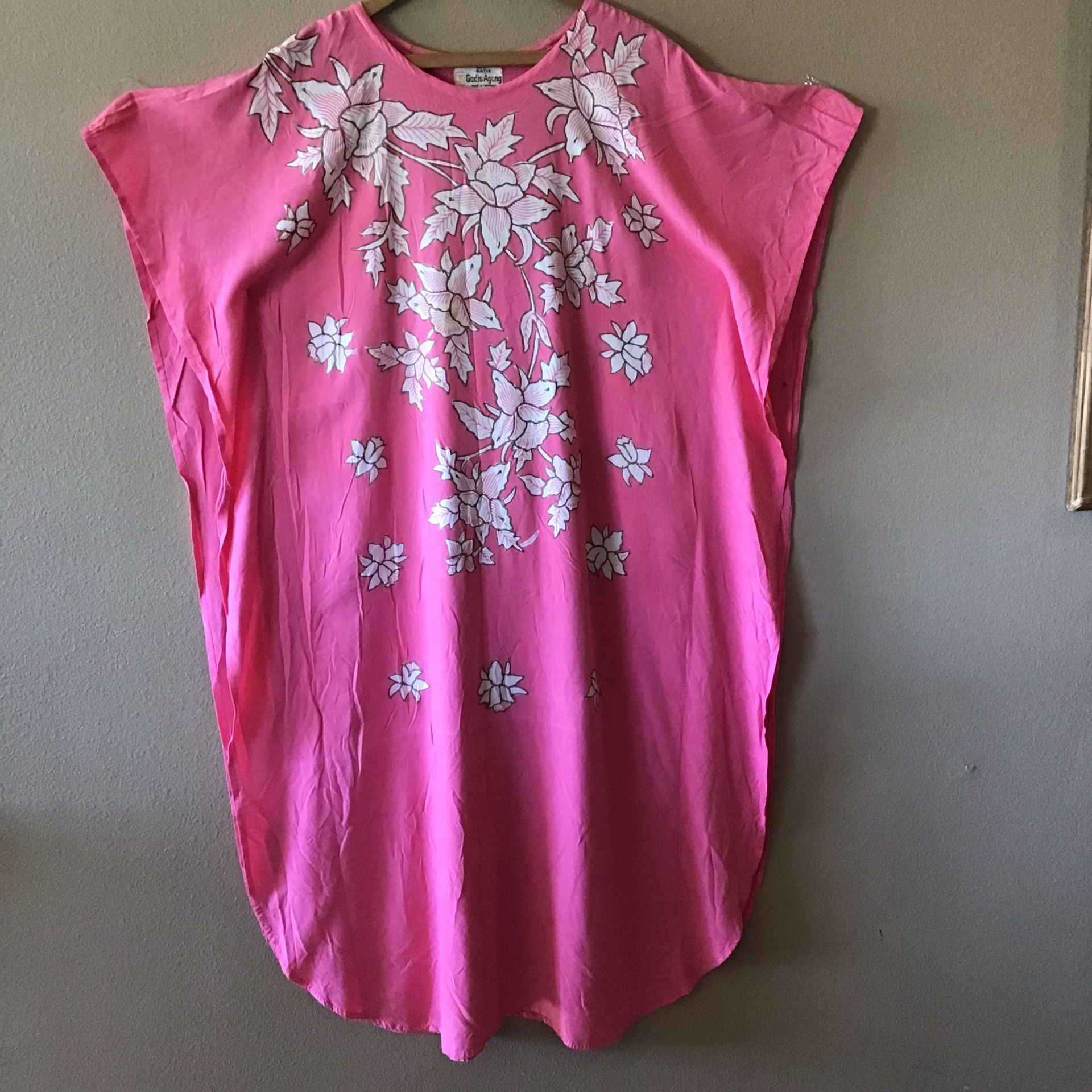 Vintage Pink Floral Batik Handpainted Mumu Dress (One Size)