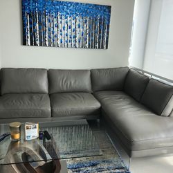 Gray Leather Sectional & Beige Leather Loveseat