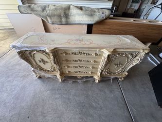 Vintage Italian Baroque Sideboard / Dresser - Hand-Painted Top, Carved Roses