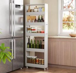new assembled HL0426/427 63-Inch Utility Cart on Wheels, 5-Tier Tall Narrow Mobile Shelf Organizer, Rolling Storage Cart with Metal Handle for Kitchen