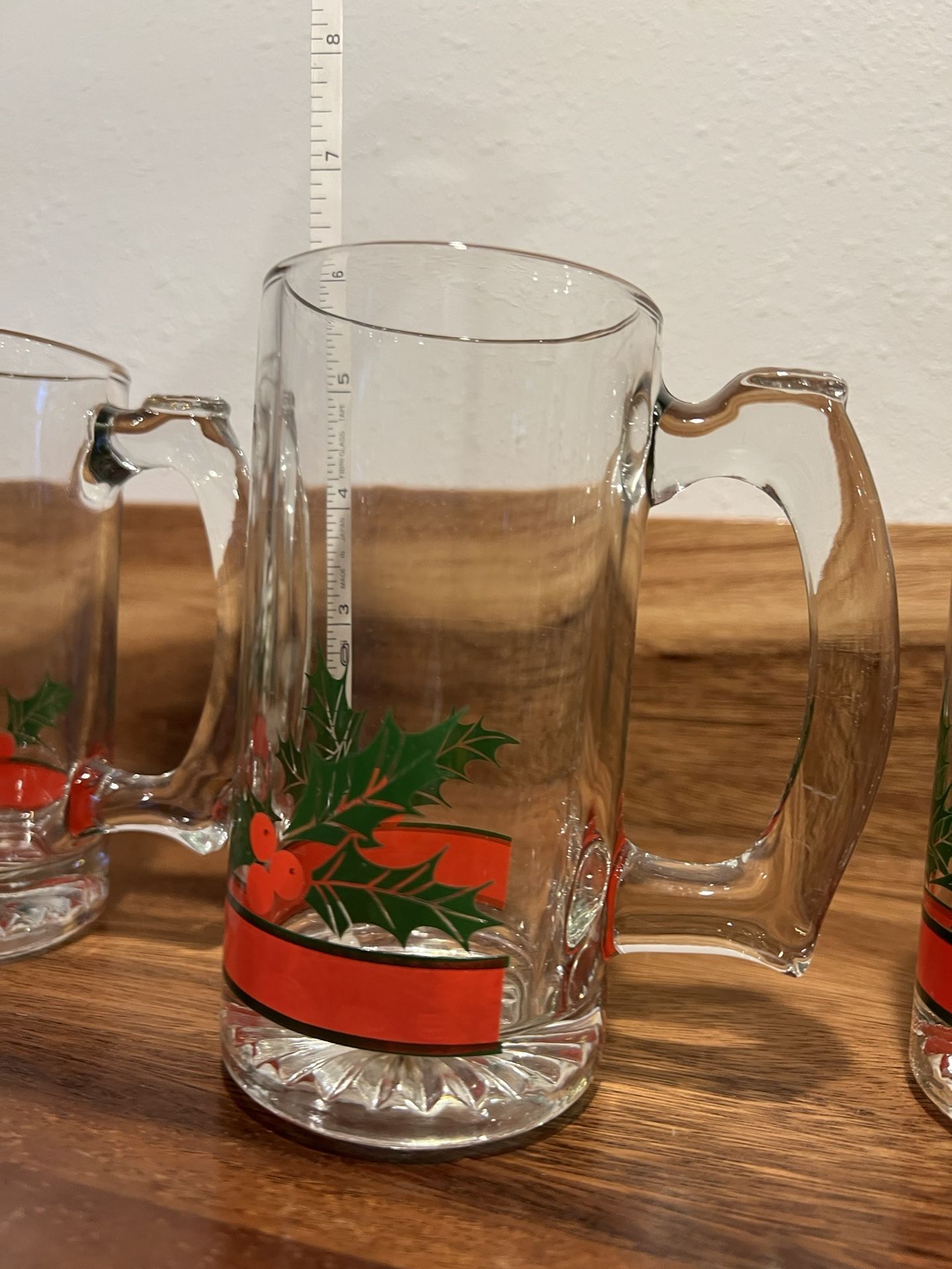 3 Holly Glass Mugs