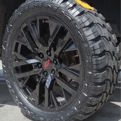 22" Chevy Silverado GMC Sierra Glossy BLACK Wheels & Tires 33" Off-Road Suburban Escalade Tahoe Yukon Rims Rines Setof4..FINANCING 