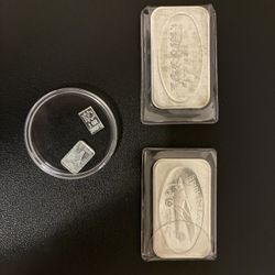 2 One Ounce Silver Bars, 1 Gram, 1 Grain