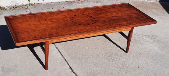 gorgeous Mid Century Modern 1960's Drexel Declaration Kipp Stewart designed rectangle walnut COCKTAIL COFFEE TABLE with rosewood inlay orbs And Others