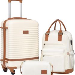 Coolife Suitcase 3 Piece Luggage Set Cream Toiletry Bag, Backpack and 20 inch Rolling Carry On