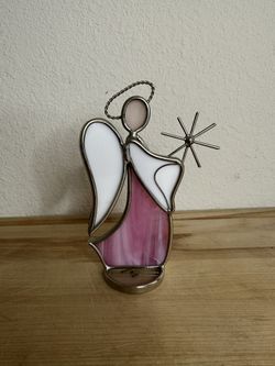 Vintage Stained Glass Angel Figurine Holding Star Pink Glass Handmade USA