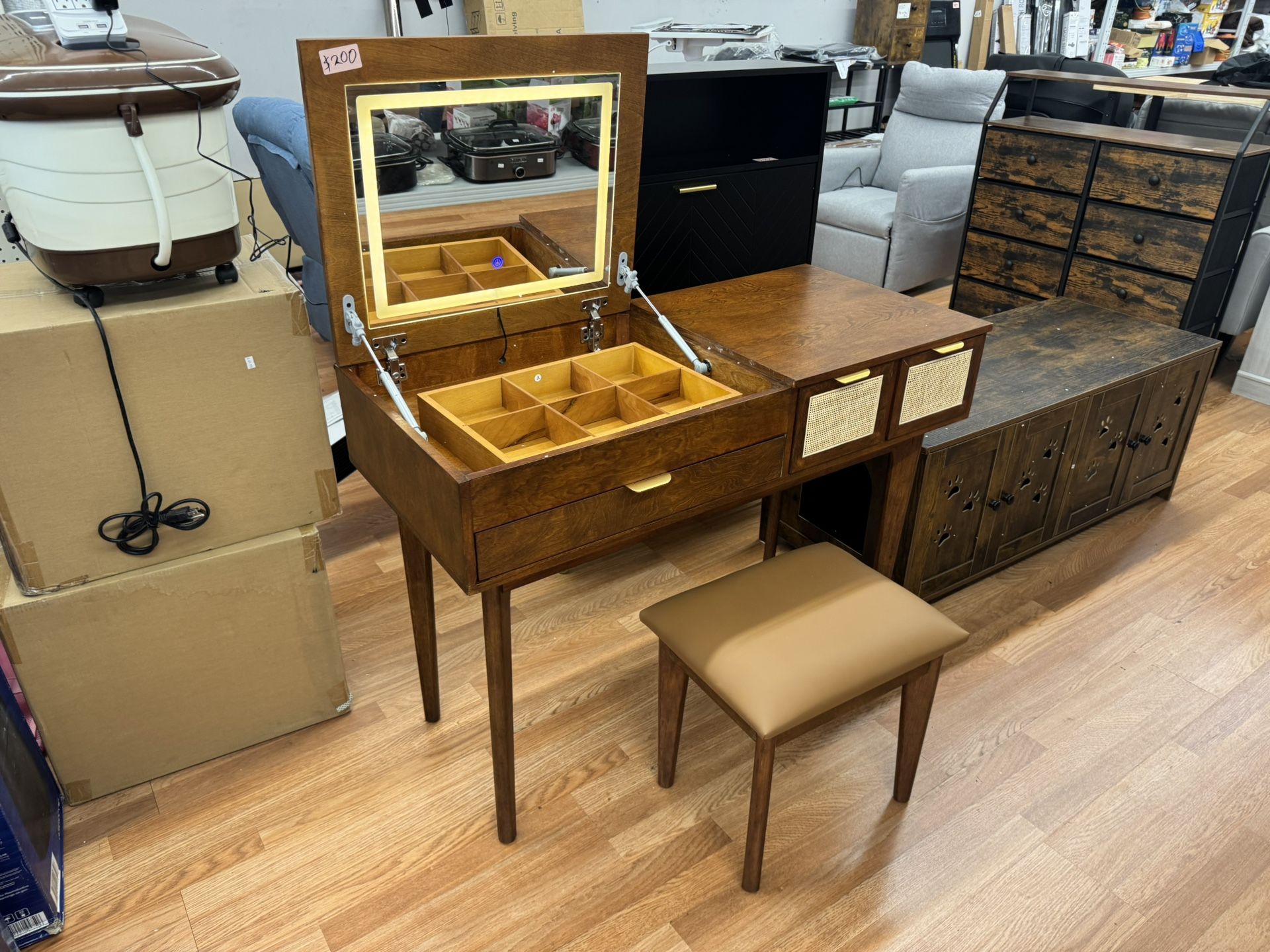 Elegant Brown Wood Makeup Vanity Set