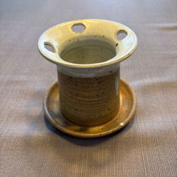 Vintage Handmade Stoneware Pottery Toothbrush Holder, new condition.  4 1/2” height and width.