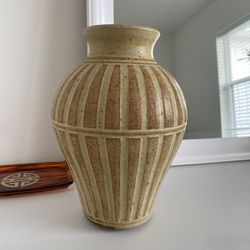 Vintage Artist Signed Pottery Vase With Brown Strips Stoneware 10” Marked