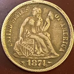 1874 With Arrows Seated Liberty Silver Dime Extremely Fine XF Coin #3092