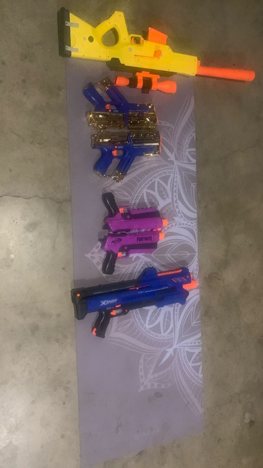 Nerf guns the two golden Xshots Are Ten Same With The Purple Ones But They Are 5 Dollars Each