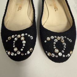 Chanel Tweed Crystal CC Ballerina Flats 