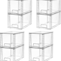 8 Pack Large Stackable Storage Drawers,Clear Acrylic Drawer Organizers with Handles, Easily Assemble for Fridge, Bathroom,Kitchen Undersink,Cabinet,Pa