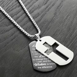 Stainless Steel Cross Dog Tag Serenity Prayer Pendant Chain Necklace