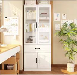 31.5 in. Wide x 78.9 in. H 4-Shelf White Wood Standard Bookcase Bookshelf With Tempered Glass Doors, Cabinet, Drawer