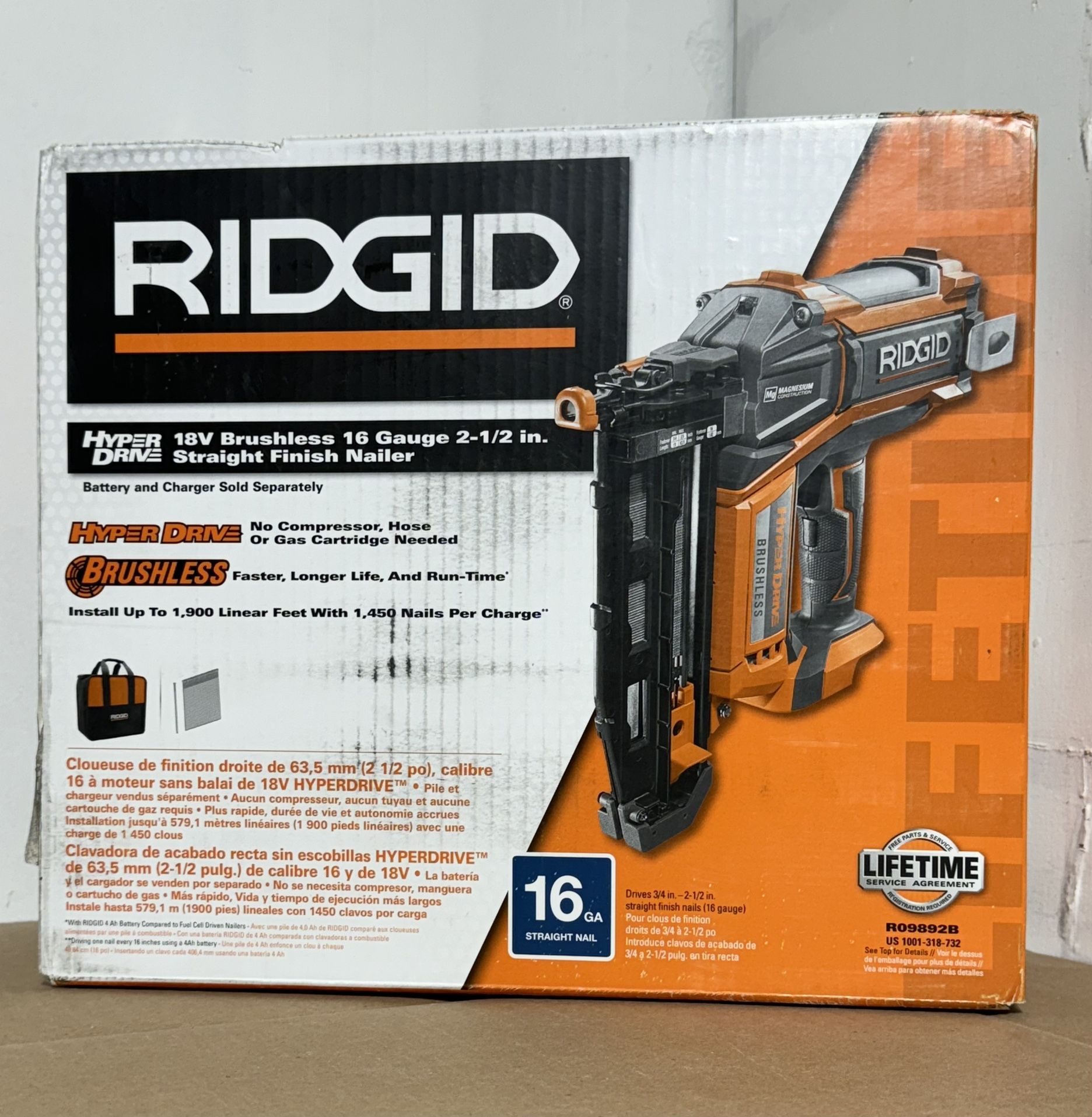 RIDGID R09892B 18V HyperDrive Brushless Finish Nailer Tool only