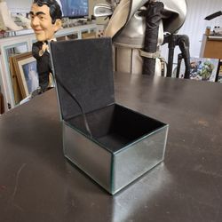 Jewelry Trinket Box Square With Beveled Mirror Glass With Black Velvet Inside 4 5/8" Square X 2 3/4" H