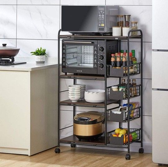 Kitchen Baker's Rack, Large Capacity Utility Storage Shelf, Microwave Stand with 8 Shelves, Foldable Pull Basket, Stable Metal Frame, Black