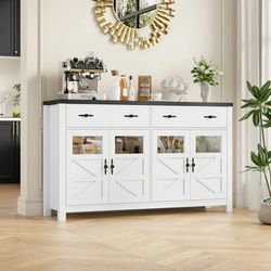 Farmhouse Kitchen Buffet Cabinet with Storage Drawer, Glass Door Wood Sideboard Credenza Coffee Bar with Adjustable Shelf for Living Room, White