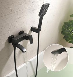 (Brand New in Box) Wall Mount Tub Faucet with 3 Functions Handheld Sprayer, Matte Black Bathtub Shower Faucets with Lengthened Folding Spout /A7-PF-5