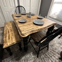 Burned Wood Dining Table with Leaf, 2  Chairs and 2 Benches Refinished- Read Description 