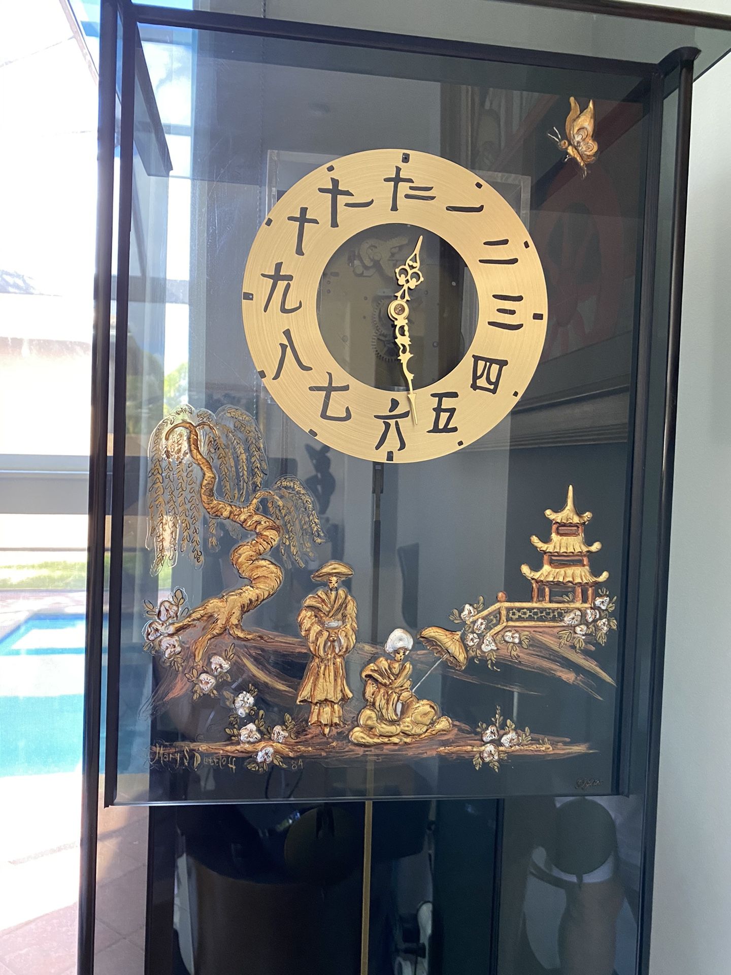 Vintage Dykstra grandfather clock Asian theme black glass.