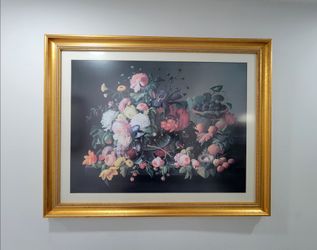 High-quality art print in a gold frame. "Still Life: Flowers and Fruit"