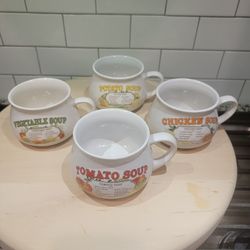 🍲 Vintage Soup Recipe Mugs – Set of 4 – Retro Stoneware Soup Bowls