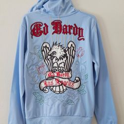 Ed Hardy Embroidered Eagle Los Angeles Hoodie M Zip Front Y2K Blue