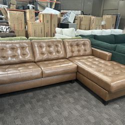 Brown Leather Tufted Sectional 