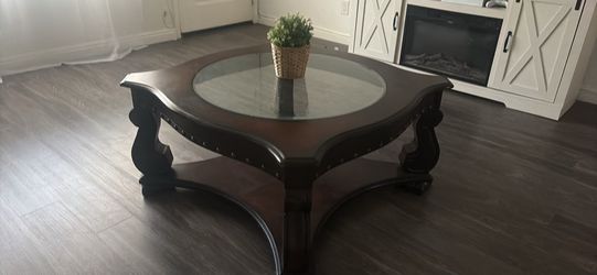 Vintage Solid Dark Wood Glasstop Coffee Table