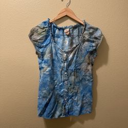 Women’s Medium (8/10) Vintage Y2K Faded Glory Blue Brown Dyed Cap Sleeve Blouse