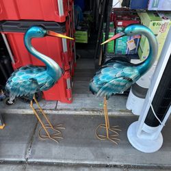 Garden Crane Statues for Outdoor Blue Heron Metal Birds Yard Art Ornaments  set of 2 