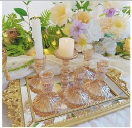 Amber Glass Candlestick Holders, Taper Candle Holders, Set of 6